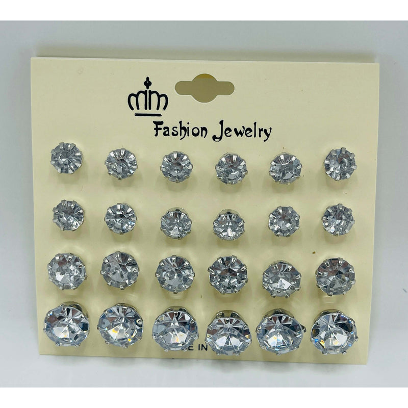 Multi Pack Stud Earrings - Silver Diamond Studs Assorted Sizes - #M020