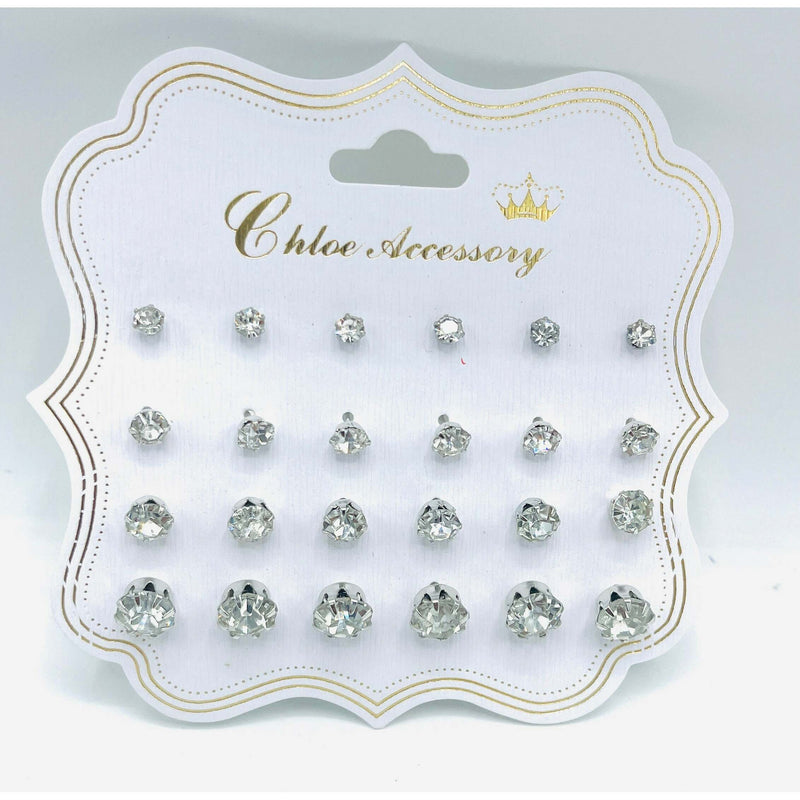 Multi Pack Stud Earrings - Silver Diamond Studs Assorted Sizes - #M001