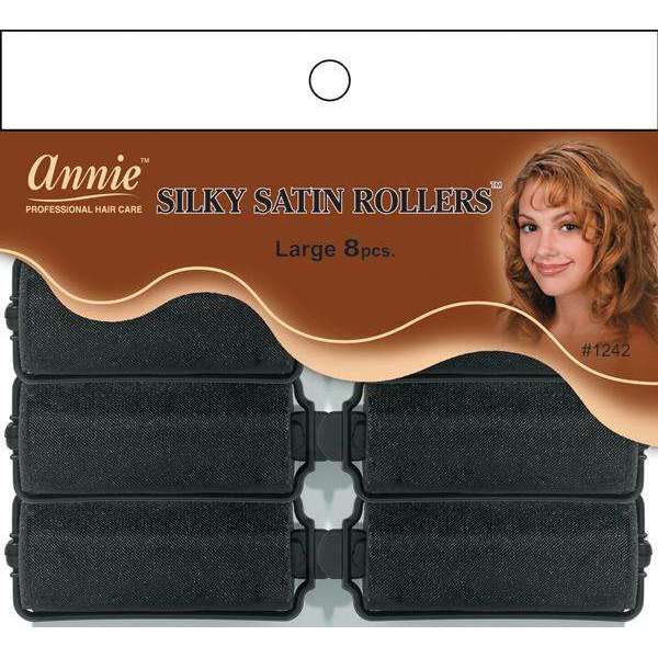 Annie Silky Satin Rollers Size L 8Ct Black #1242
