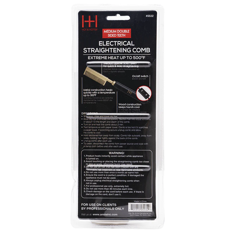 Hot & Hotter Electrical Straightening Comb Medium Double Sided Teeth #5532